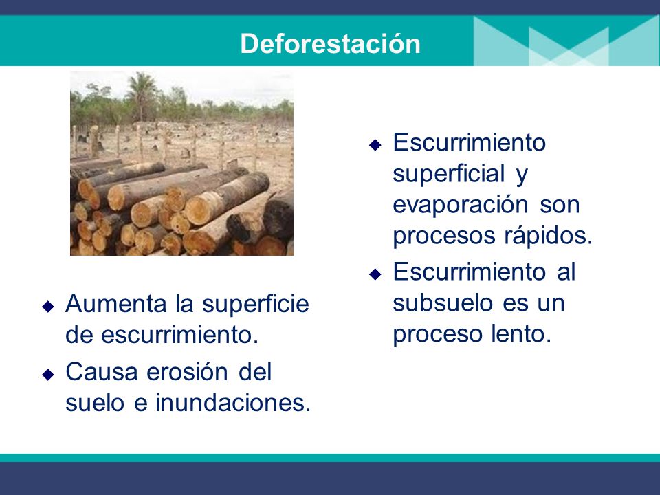 Deforestación Escurrimiento superficial y evaporación son procesos rápidos. Escurrimiento al subsuelo es un proceso lento.