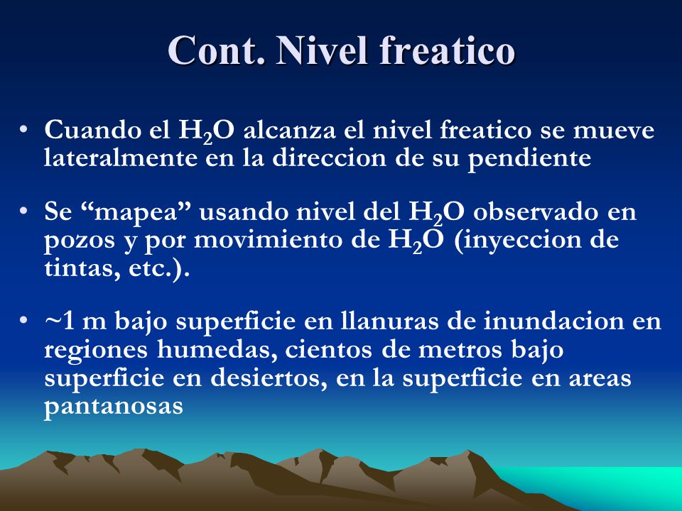 Cont. Nivel freatico Cuando el H2O alcanza el nivel freatico se mueve lateralmente en la direccion de su pendiente.