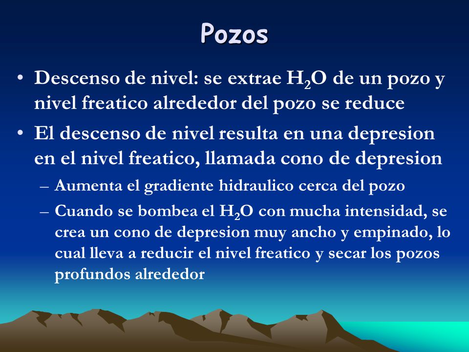 Pozos Descenso de nivel: se extrae H2O de un pozo y nivel freatico alrededor del pozo se reduce.
