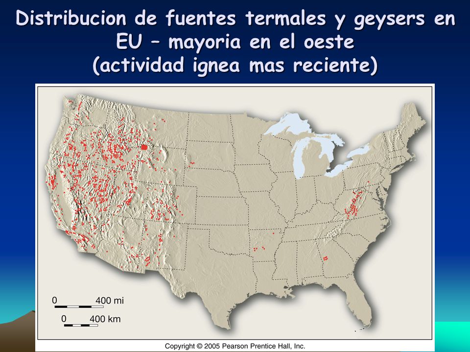 Distribucion de fuentes termales y geysers en EU – mayoria en el oeste (actividad ignea mas reciente)