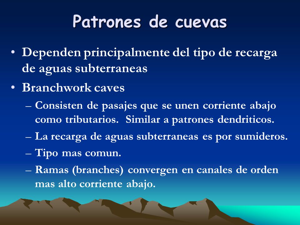 Patrones de cuevas Dependen principalmente del tipo de recarga de aguas subterraneas. Branchwork caves.