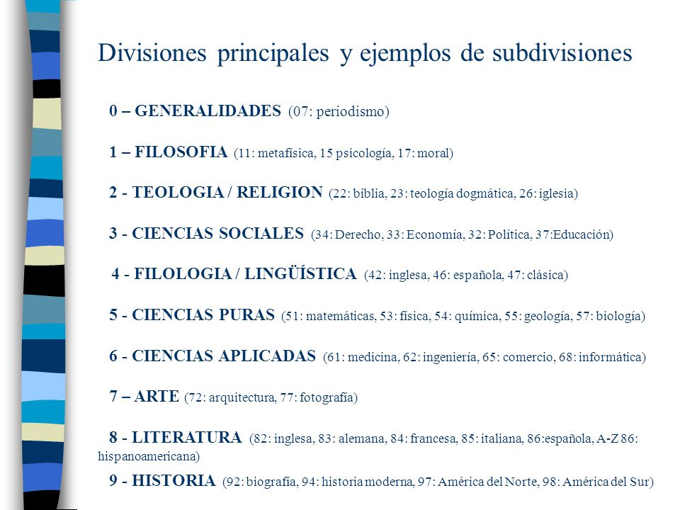Divisiones principales y ejemplos de subdivisiones 0 – GENERALIDADES (07: periodismo)