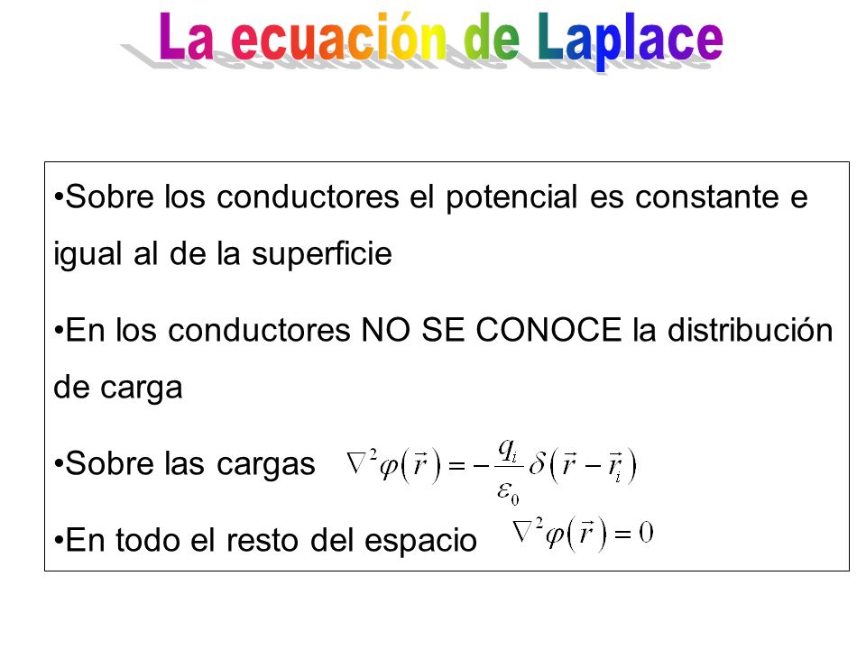La ecuación de Laplace Sobre los conductores el potencial es constante e igual al de la superficie.