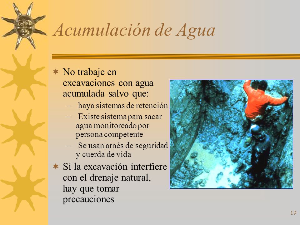 Acumulación de Agua No trabaje en excavaciones con agua acumulada salvo que: haya sistemas de retención.