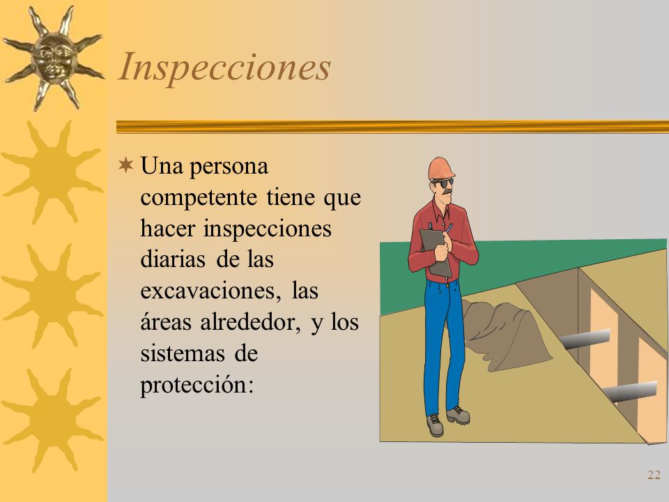 Inspecciones Una persona competente tiene que hacer inspecciones diarias de las excavaciones, las áreas alrededor, y los sistemas de protección: