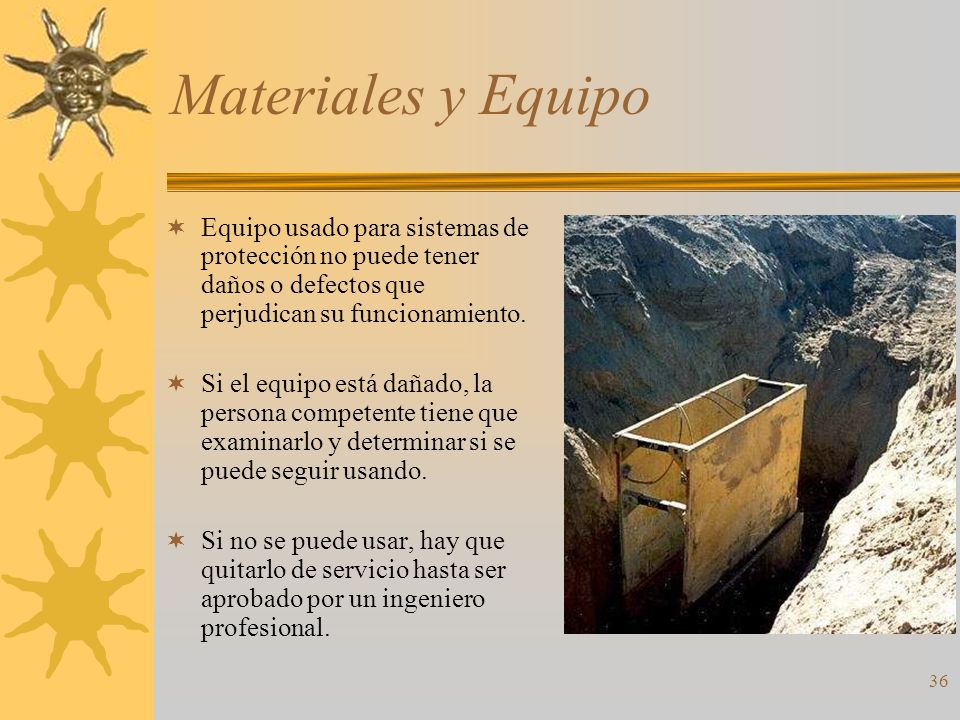 Materiales y Equipo Equipo usado para sistemas de protección no puede tener daños o defectos que perjudican su funcionamiento.