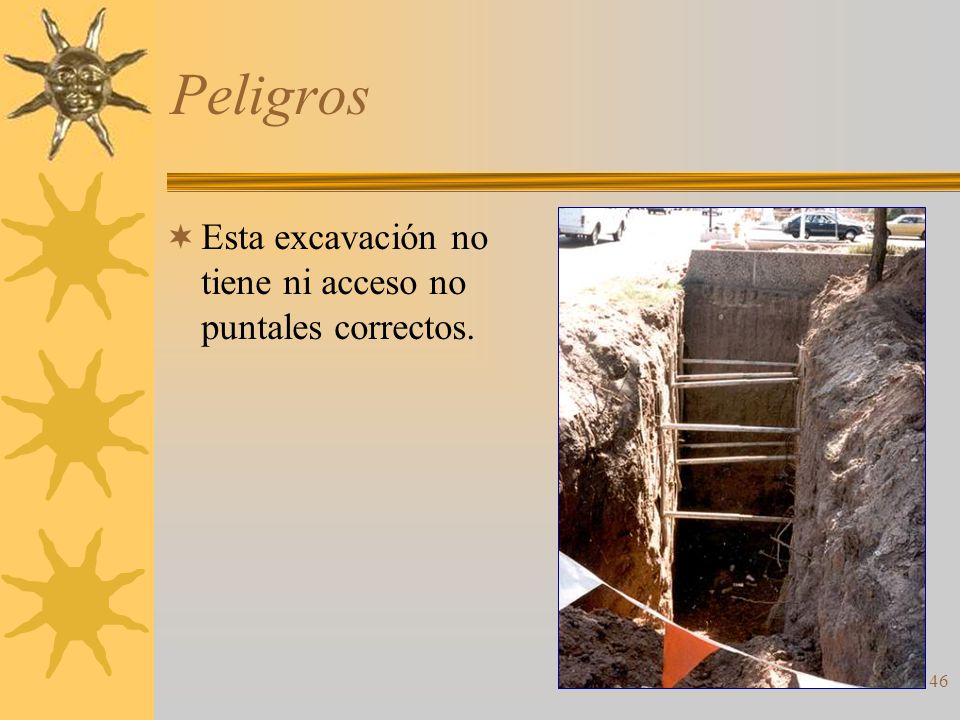 Peligros Esta excavación no tiene ni acceso no puntales correctos.