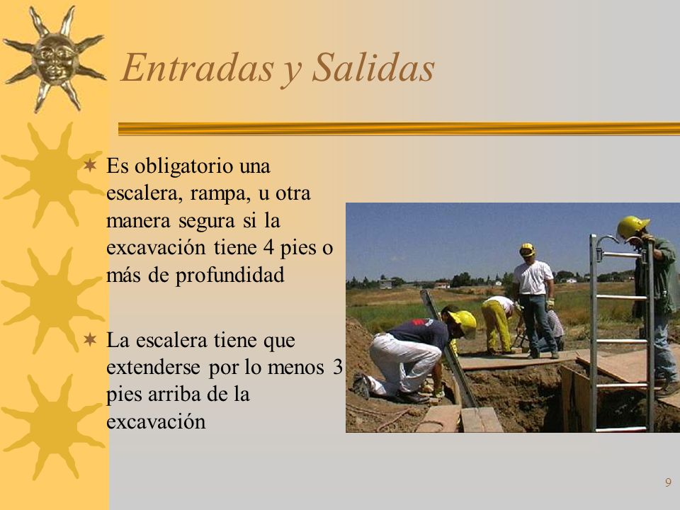 Entradas y Salidas Es obligatorio una escalera, rampa, u otra manera segura si la excavación tiene 4 pies o más de profundidad.