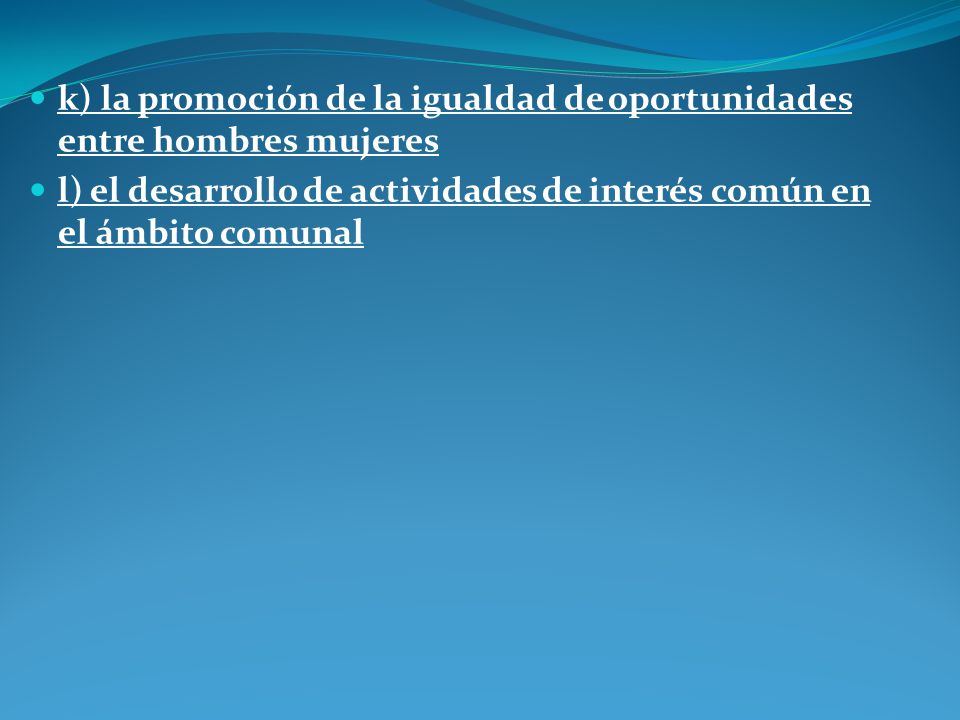 k) la promoción de la igualdad de oportunidades entre hombres mujeres