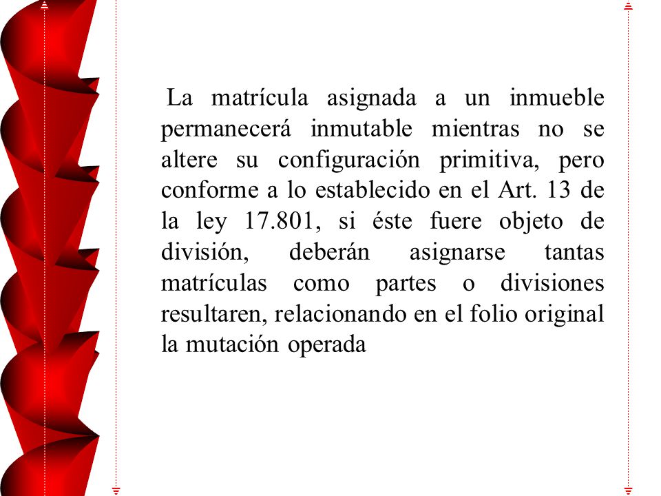 Conforme el articulo 13 de la ley 17801: Si el inmueble se dividiera se confeccionarán tantas nuevas matriculas como partes resultaren, anotándose en el folio primitivo nuevas matriculas, anotándose en el folio primitivo la desmembración operada.