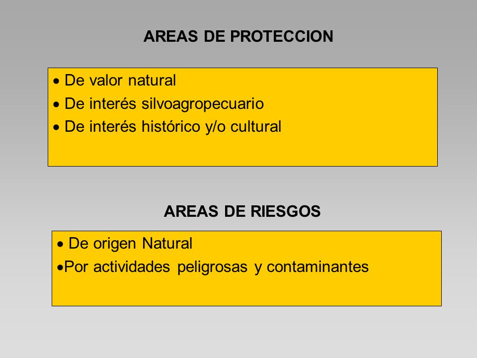 AREAS DE PROTECCION De valor natural. De interés silvoagropecuario. De interés histórico y/o cultural.