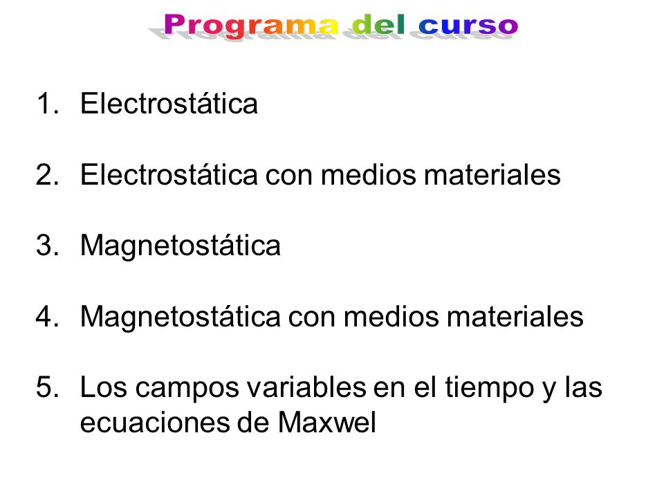 Programa del curso Electrostática Electrostática con medios materiales