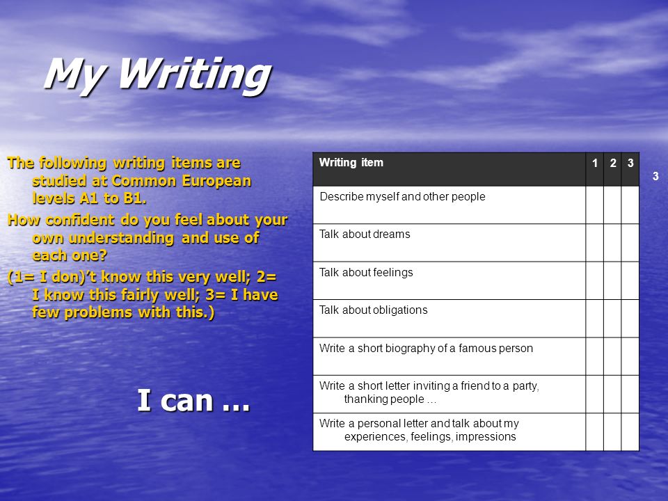 My Writing The following writing items are studied at Common European levels A1 to B1.