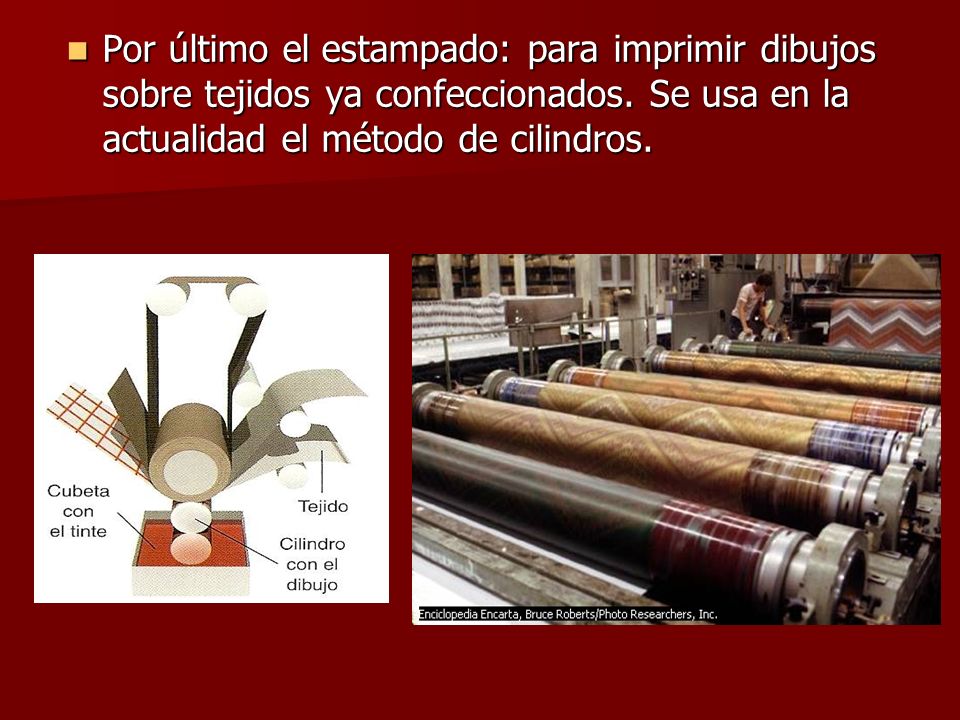 Por último el estampado: para imprimir dibujos sobre tejidos ya confeccionados.