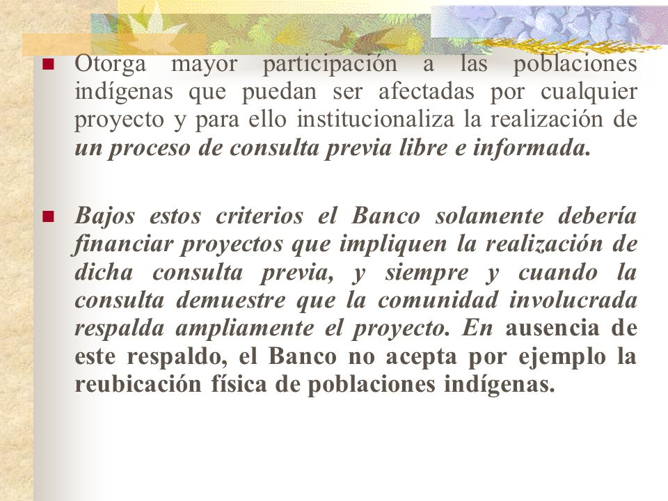 Otorga mayor participación a las poblaciones indígenas que puedan ser afectadas por cualquier proyecto y para ello institucionaliza la realización de un proceso de consulta previa libre e informada.