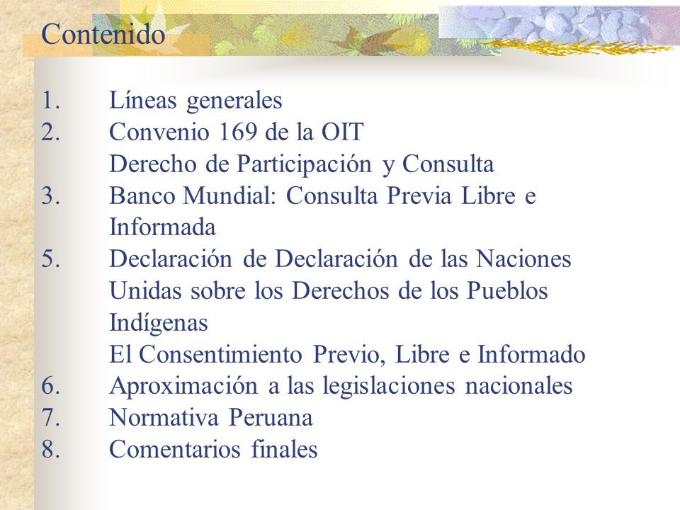 Contenido 1. Líneas generales 2. Convenio 169 de la OIT