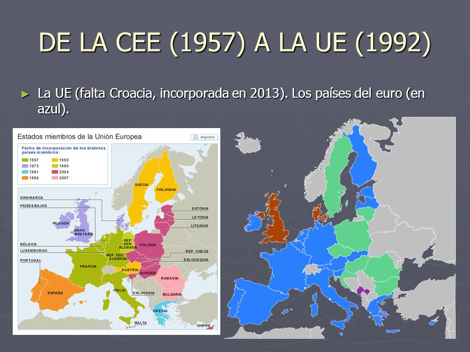 DE LA CEE (1957) A LA UE (1992) La UE (falta Croacia, incorporada en 2013).