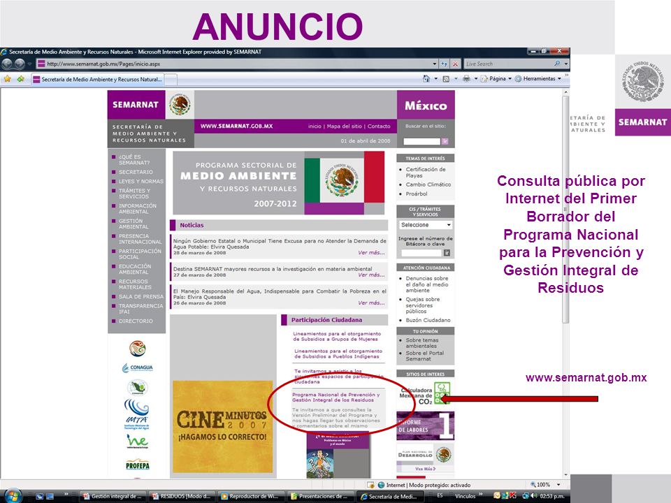 ANUNCIO Consulta pública por Internet del Primer Borrador del Programa Nacional para la Prevención y Gestión Integral de Residuos.