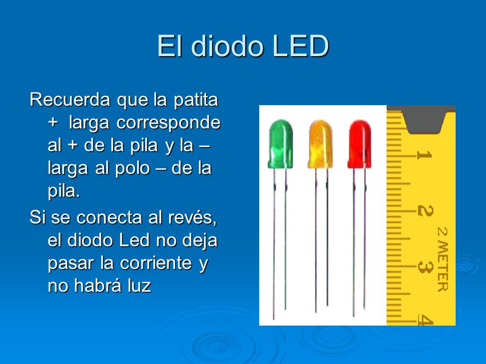 El diodo LED Recuerda que la patita + larga corresponde al + de la pila y la – larga al polo – de la pila.