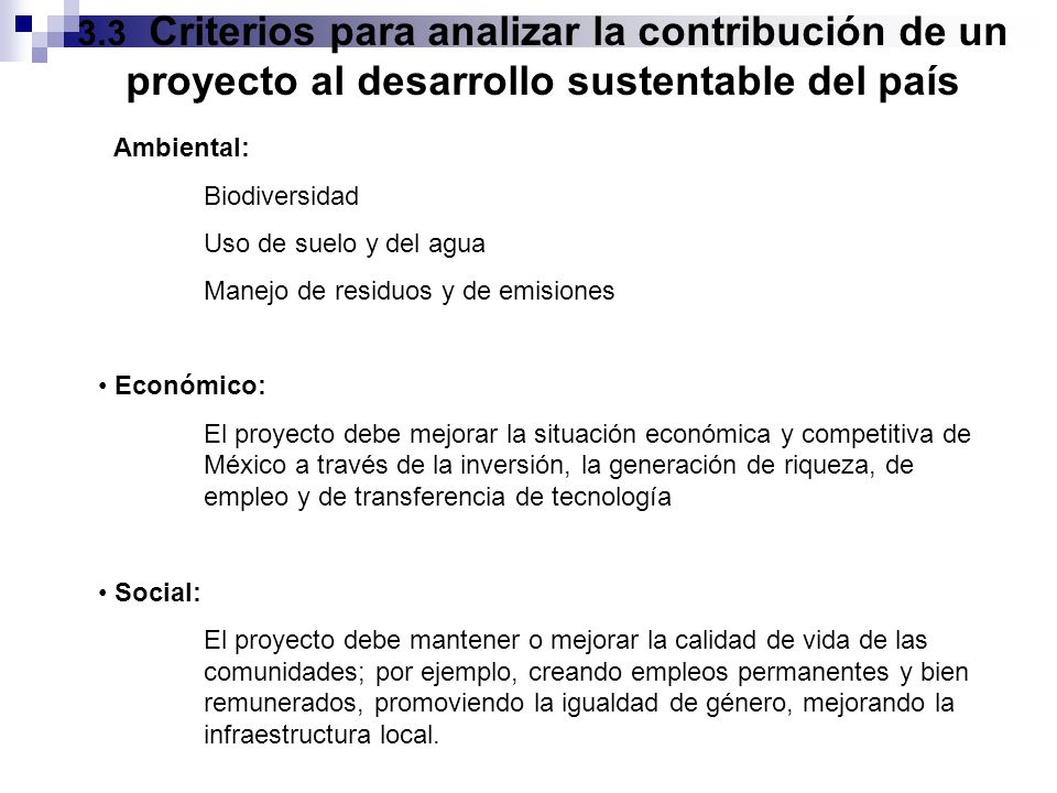 3.3 Criterios para analizar la contribución de un proyecto al desarrollo sustentable del país