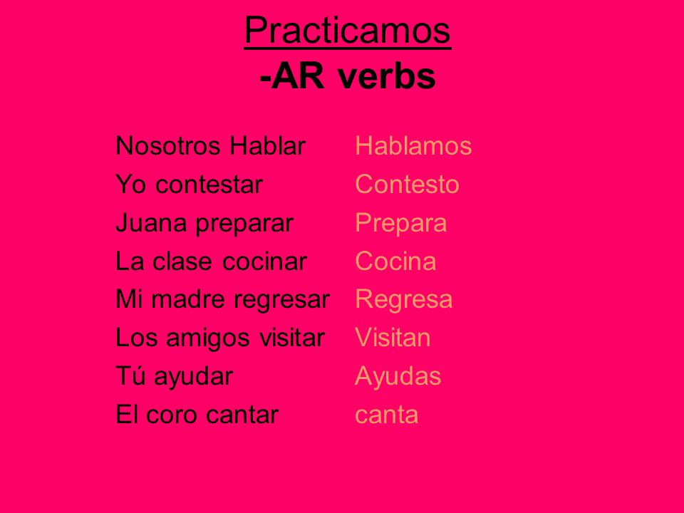 Practicamos -AR verbs Nosotros Hablar Yo contestar Juana preparar