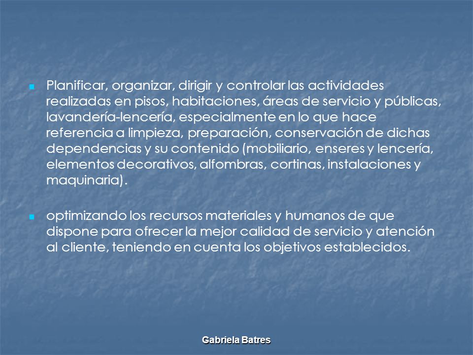 Planificar, organizar, dirigir y controlar las actividades realizadas en pisos, habitaciones, áreas de servicio y públicas, lavandería-lencería, especialmente en lo que hace referencia a limpieza, preparación, conservación de dichas dependencias y su contenido (mobiliario, enseres y lencería, elementos decorativos, alfombras, cortinas, instalaciones y maquinaria).