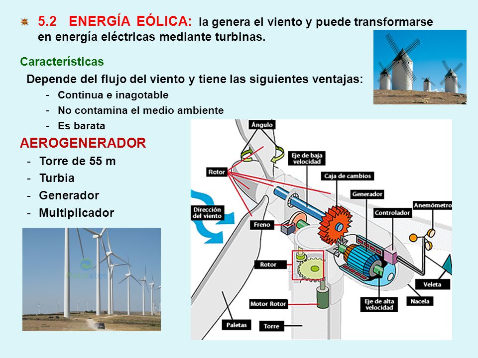 5.2 ENERGÍA EÓLICA: la genera el viento y puede transformarse en energía eléctricas mediante turbinas.