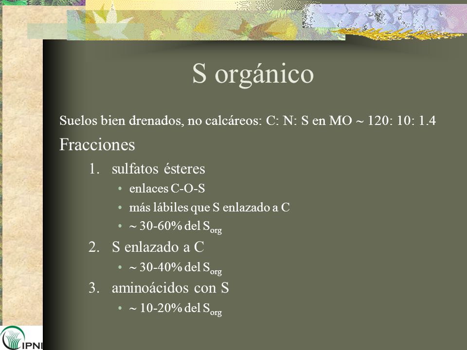 S orgánico Fracciones sulfatos ésteres S enlazado a C