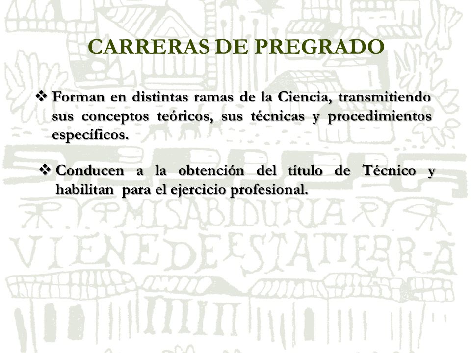 CARRERAS DE PREGRADO Forman en distintas ramas de la Ciencia, transmitiendo sus conceptos teóricos, sus técnicas y procedimientos específicos.