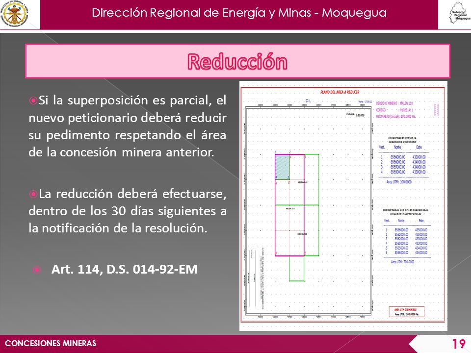 Reducción Si la superposición es parcial, el nuevo peticionario deberá reducir su pedimento respetando el área de la concesión minera anterior.