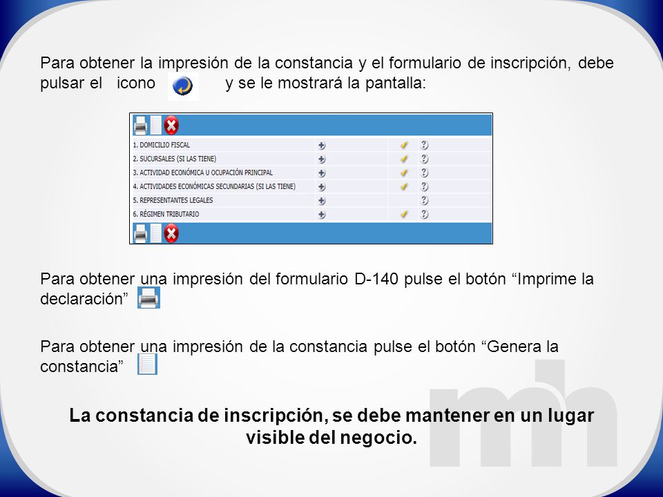 Para obtener la impresión de la constancia y el formulario de inscripción, debe pulsar el icono y se le mostrará la pantalla: