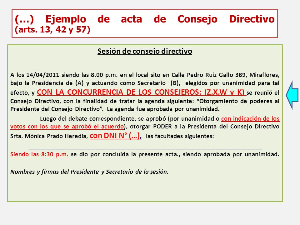 (…) Ejemplo de acta de Consejo Directivo (arts. 13, 42 y 57)