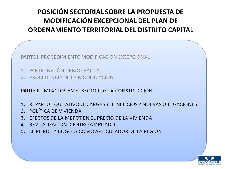 POSICIÓN SECTORIAL SOBRE LA PROPUESTA DE MODIFICACIÓN EXCEPCIONAL DEL PLAN DE ORDENAMIENTO TERRITORIAL DEL DISTRITO CAPITAL