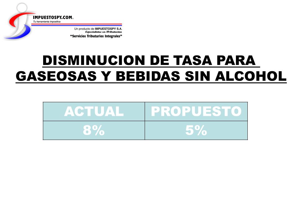 DISMINUCION DE TASA PARA GASEOSAS Y BEBIDAS SIN ALCOHOL ACTUAL