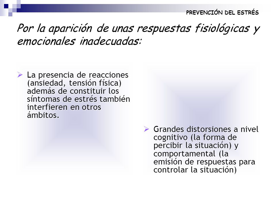 PREVENCIÓN DEL ESTRÉS Por la aparición de unas respuestas fisiológicas y emocionales inadecuadas: