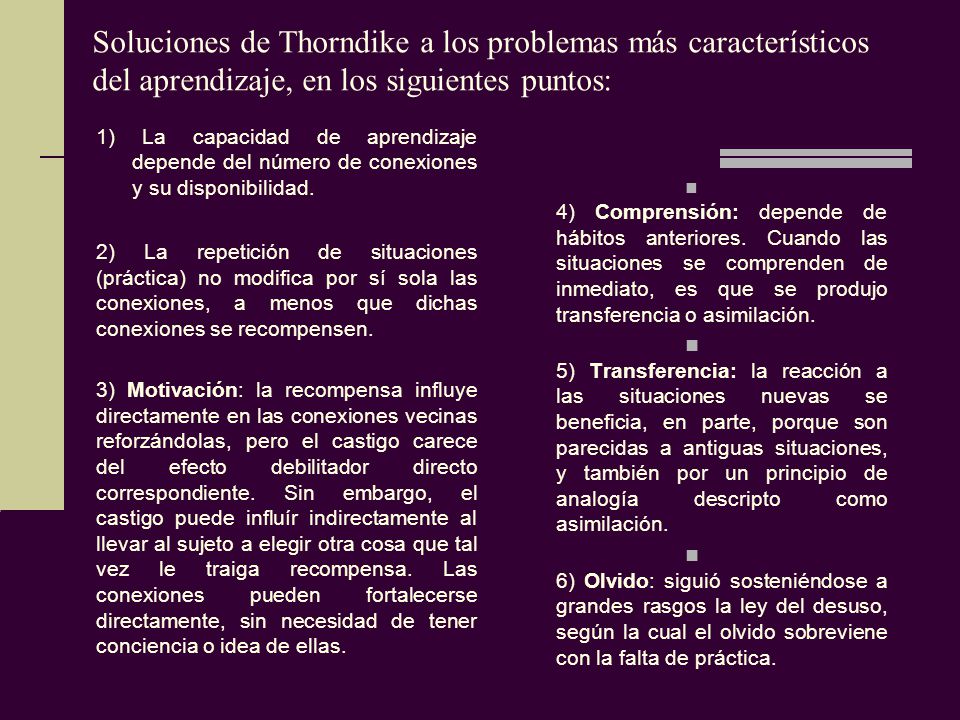 Soluciones de Thorndike a los problemas más característicos del aprendizaje, en los siguientes puntos: