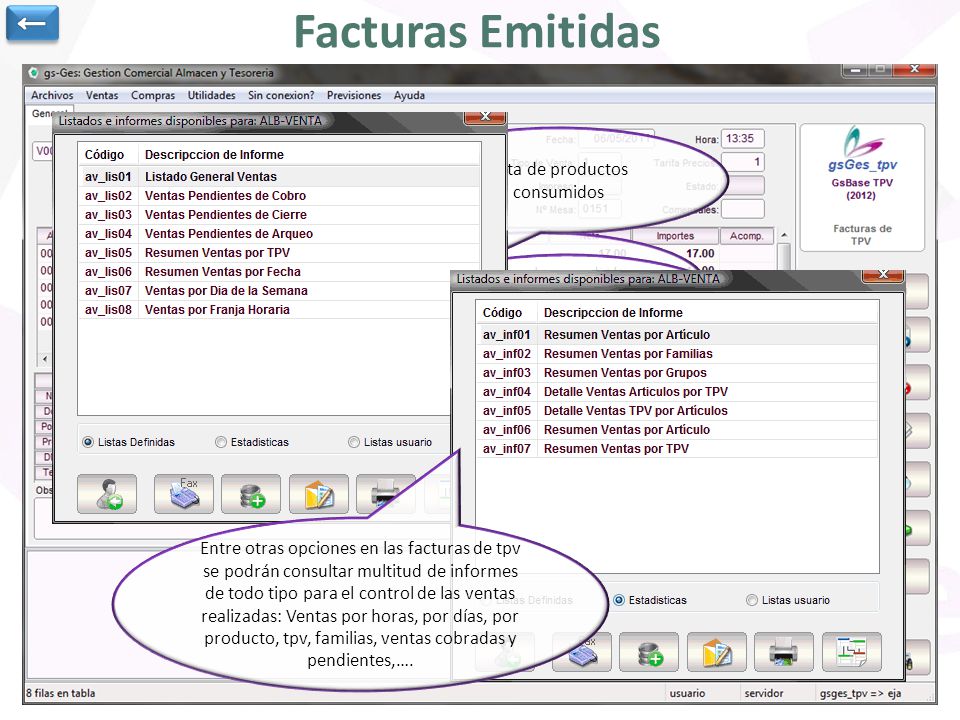 Facturas Emitidas ← Lista de productos consumidos