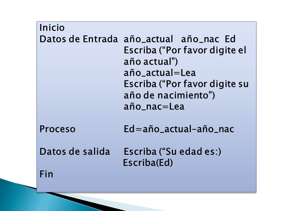 Inicio Datos de Entrada año_actual año_nac Ed. Escriba ( Por favor digite el año actual ) año_actual=Lea.