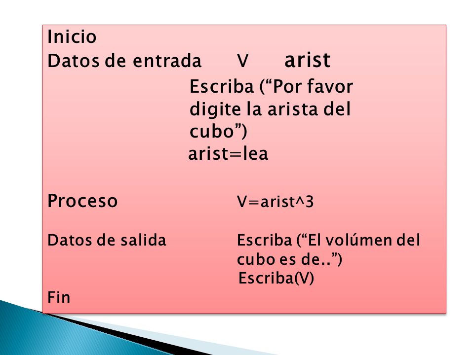 Inicio Datos de entrada V arist Escriba ( Por favor digite la arista del cubo ) arist=lea.