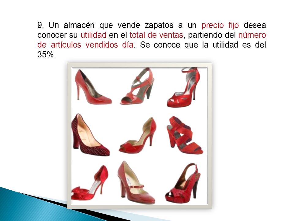 9. Un almacén que vende zapatos a un precio fijo desea conocer su utilidad en el total de ventas, partiendo del número de artículos vendidos día. Se conoce que la utilidad es del 35%.