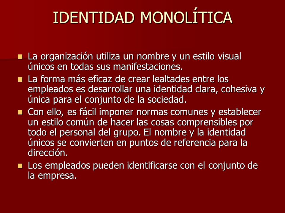 IDENTIDAD MONOLÍTICA La organización utiliza un nombre y un estilo visual únicos en todas sus manifestaciones.