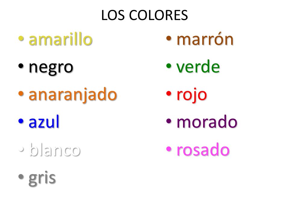 amarillo negro anaranjado azul blanco gris marrón verde rojo morado