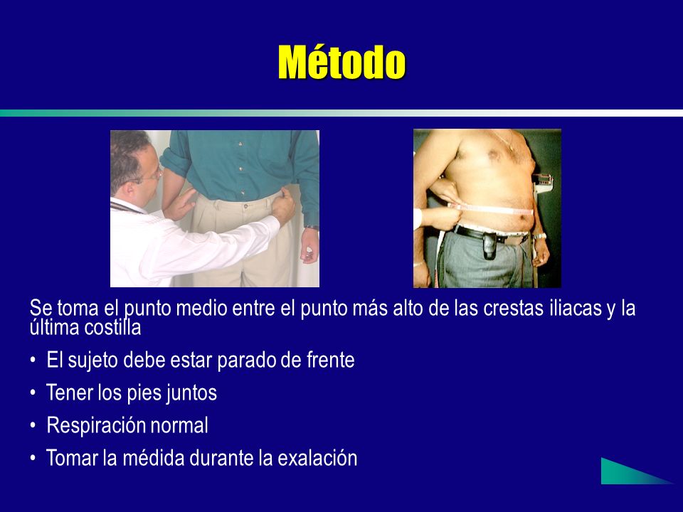 Método Se toma el punto medio entre el punto más alto de las crestas iliacas y la última costilla. El sujeto debe estar parado de frente.