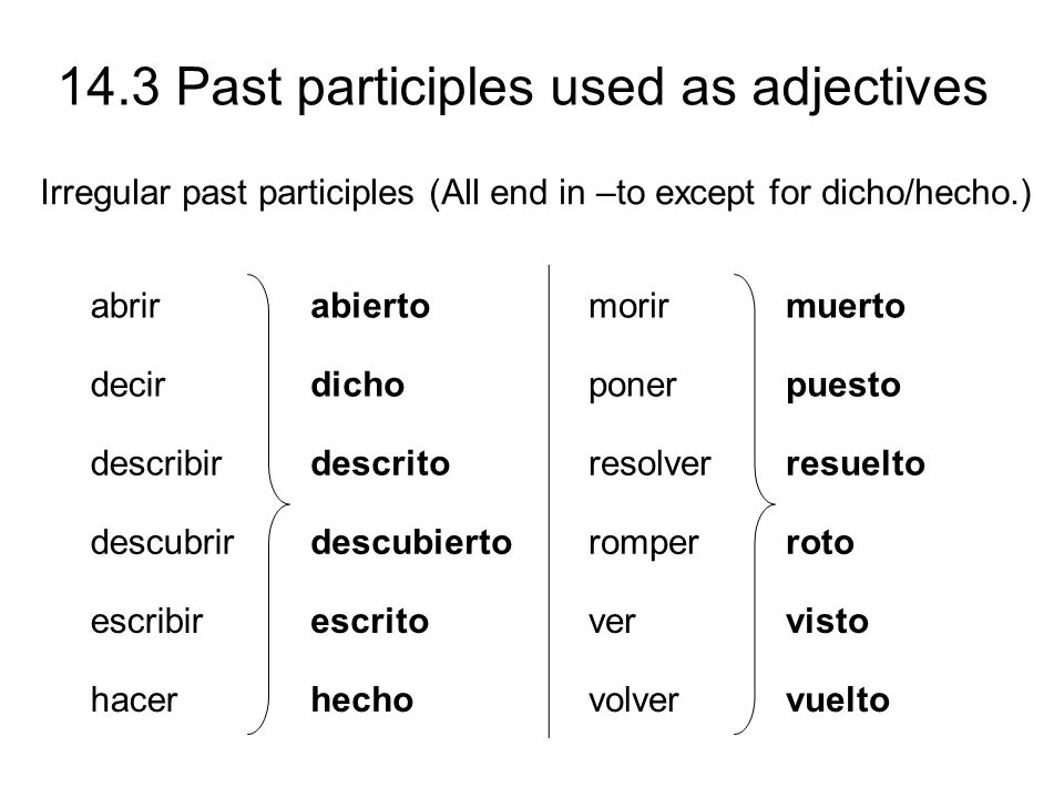 Irregular past participles (All end in –to except for dicho/hecho.)