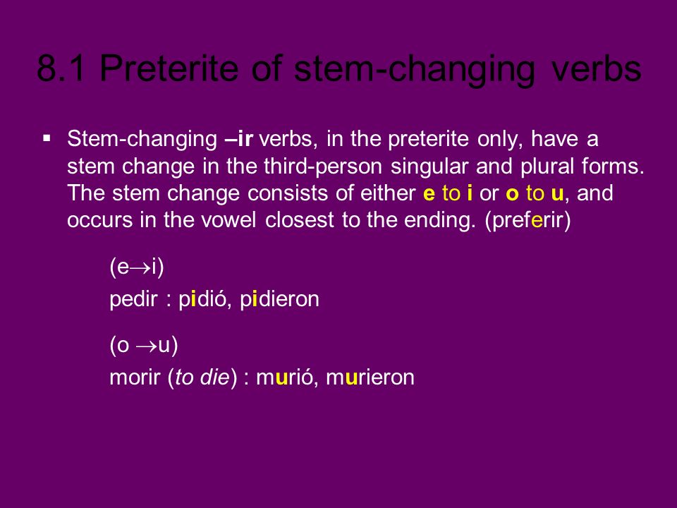 Stem-changing –ir verbs, in the preterite only, have a stem change in the third-person singular and plural forms. The stem change consists of either e to i or o to u, and occurs in the vowel closest to the ending. (preferir)