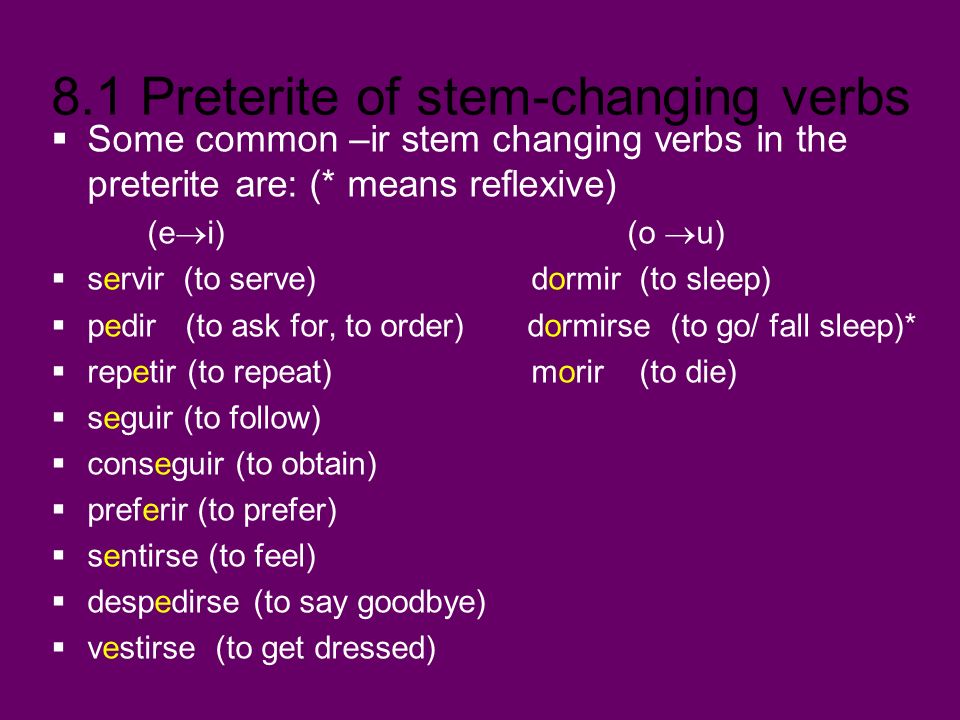 Some common –ir stem changing verbs in the preterite are: (