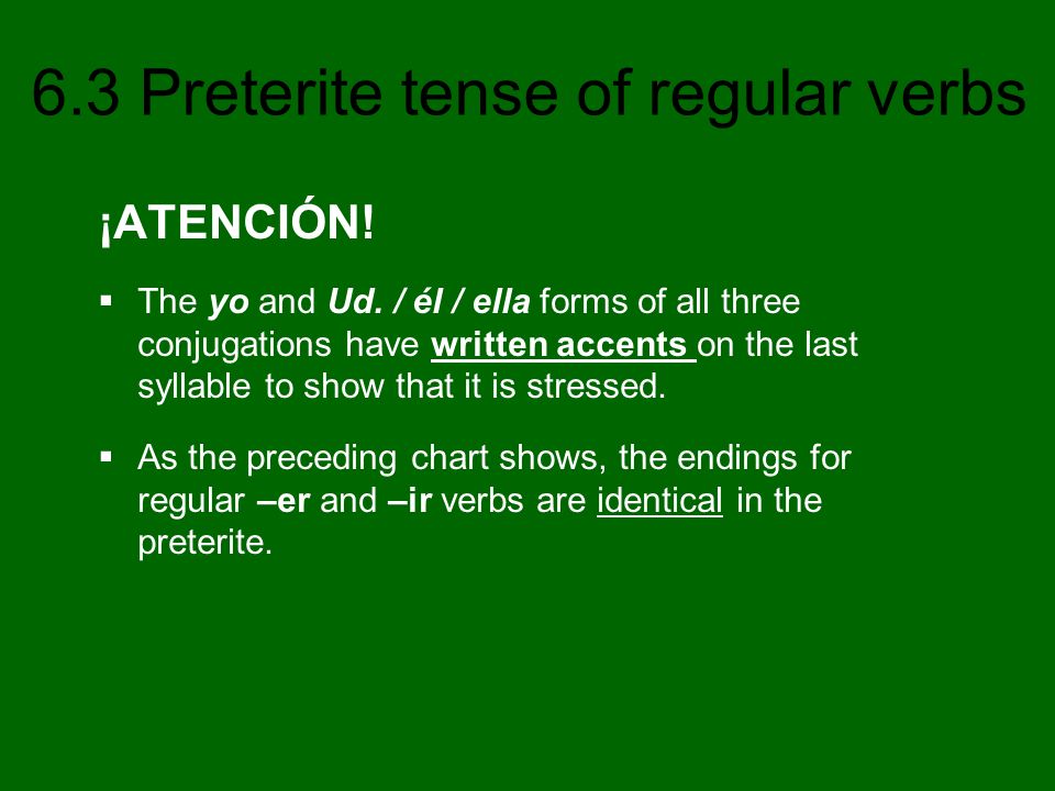 ¡ATENCIÓN! The yo and Ud. / él / ella forms of all three conjugations have written accents on the last syllable to show that it is stressed.