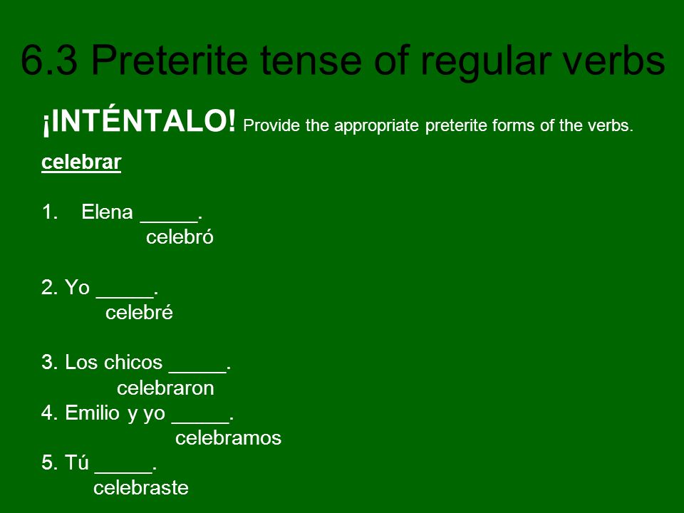 ¡INTÉNTALO! Provide the appropriate preterite forms of the verbs.
