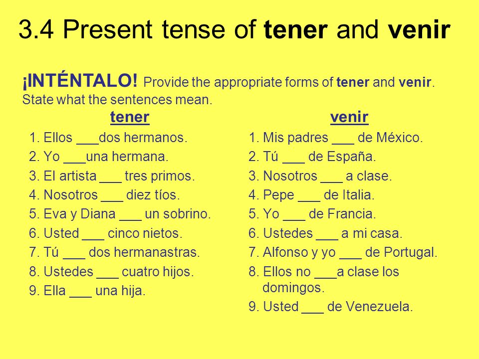 ¡INTÉNTALO. Provide the appropriate forms of tener and venir