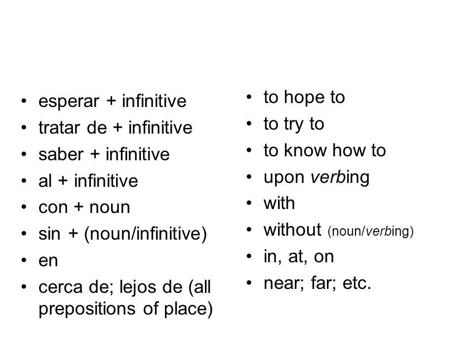 to hope to to try to. to know how to. upon verbing. with. without (noun/verbing) in, at, on. near; far; etc.